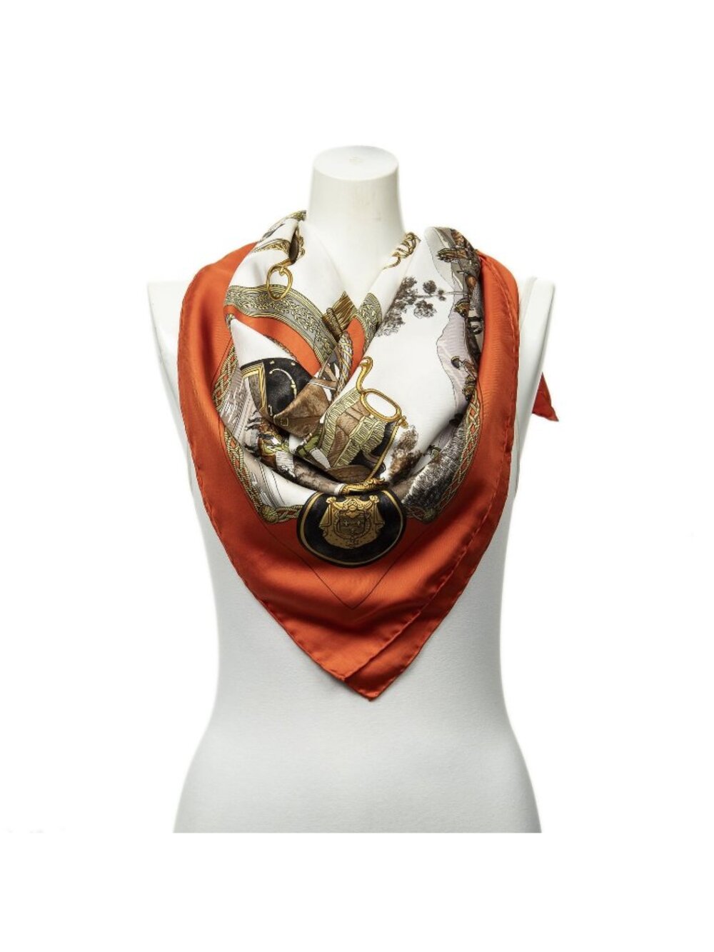 Hermes Scarf Orange Ivory Brown Twill Silk